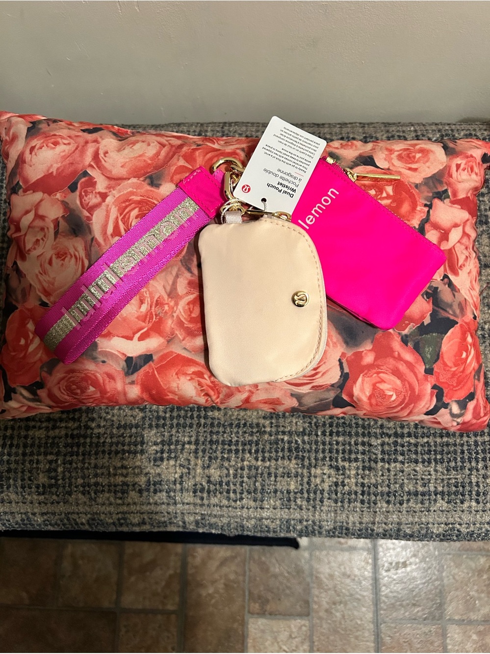 Lemon Hot Pink & Cream Wristlet Set with Decorative Strap